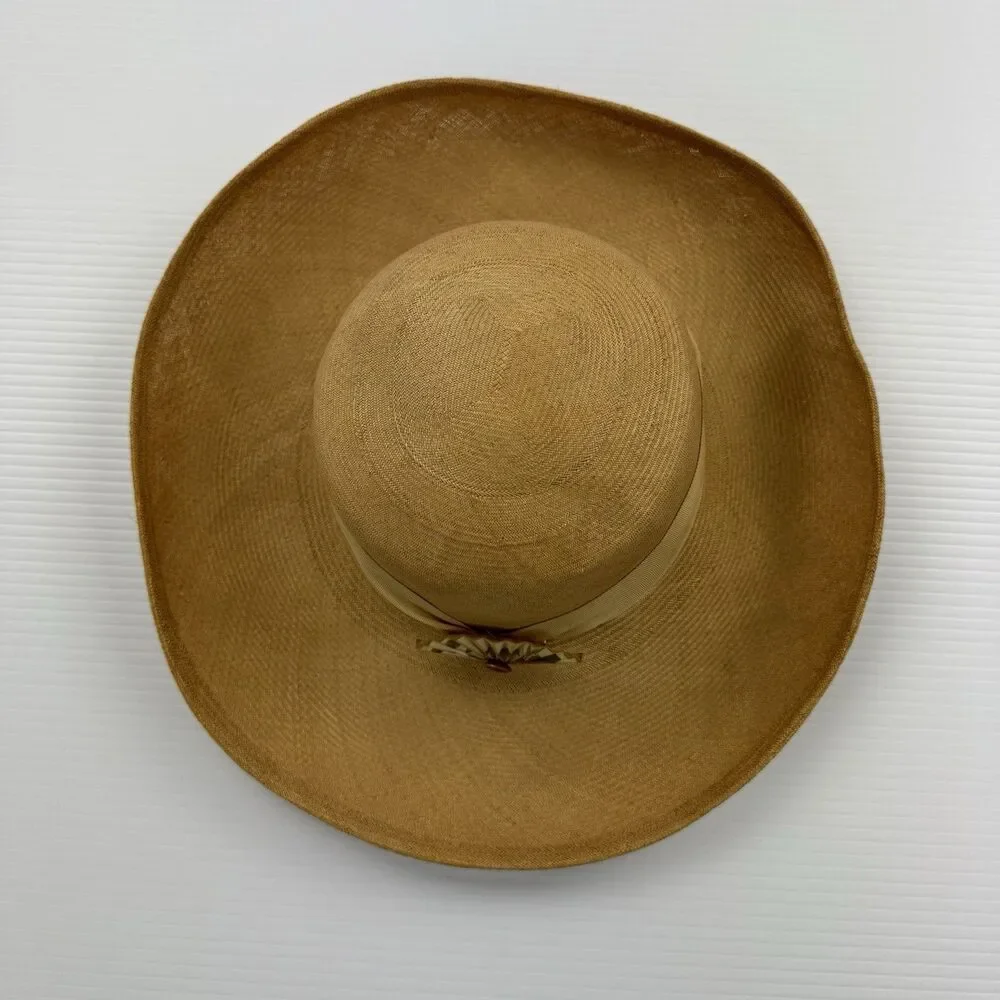 Vintage Frank Olive Straw Wide Brim Hat Floral Brooch Tan
